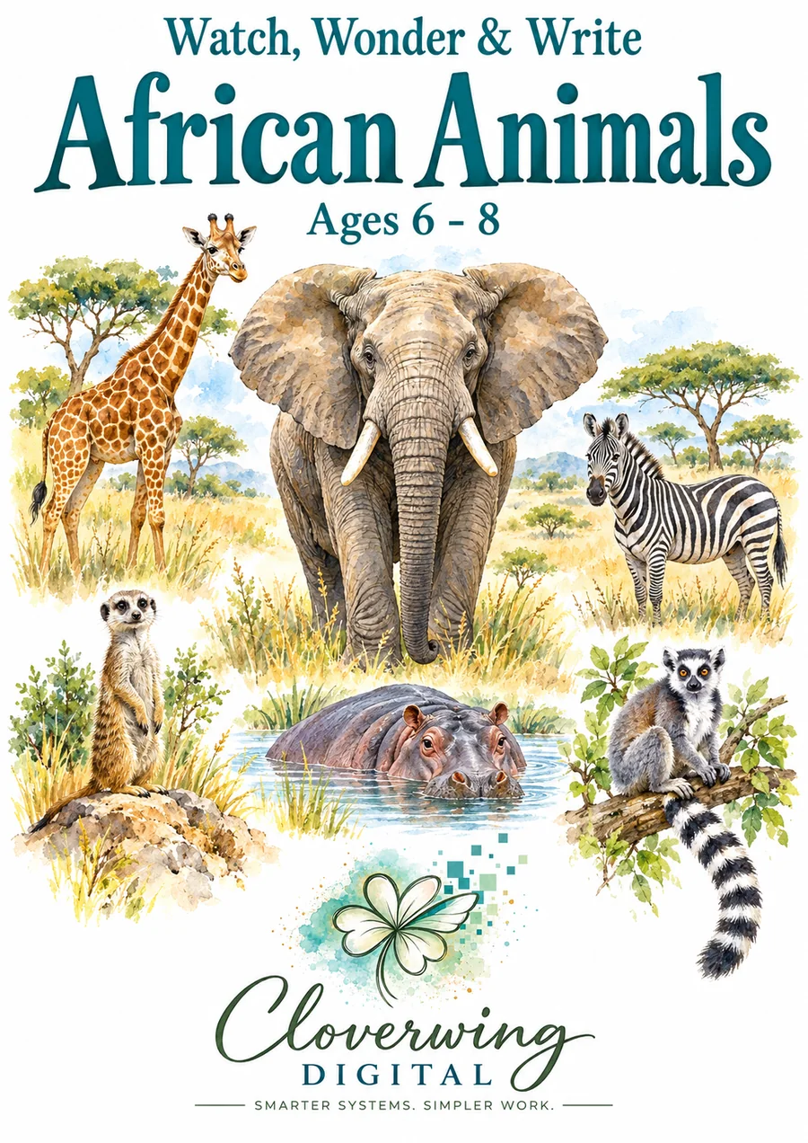 Front cover of African Animals Workbook, Ages 6 to 16