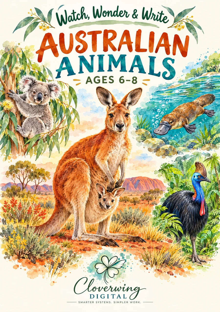 Front cover of Australian Animals Workbook, Ages 6 to 16
